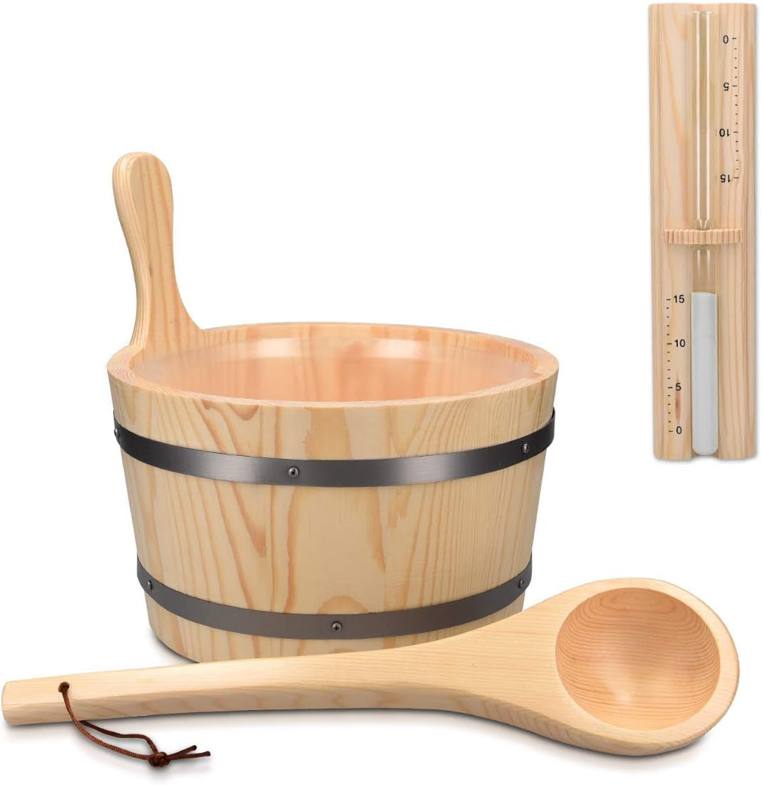 Wood Sauna Kit - Essential Spa Accessory with 5L Wooden Sauna Bucket, Plastic Liner, Ladle, Sand Timer - Set of 3 Accessories for Steam Room
