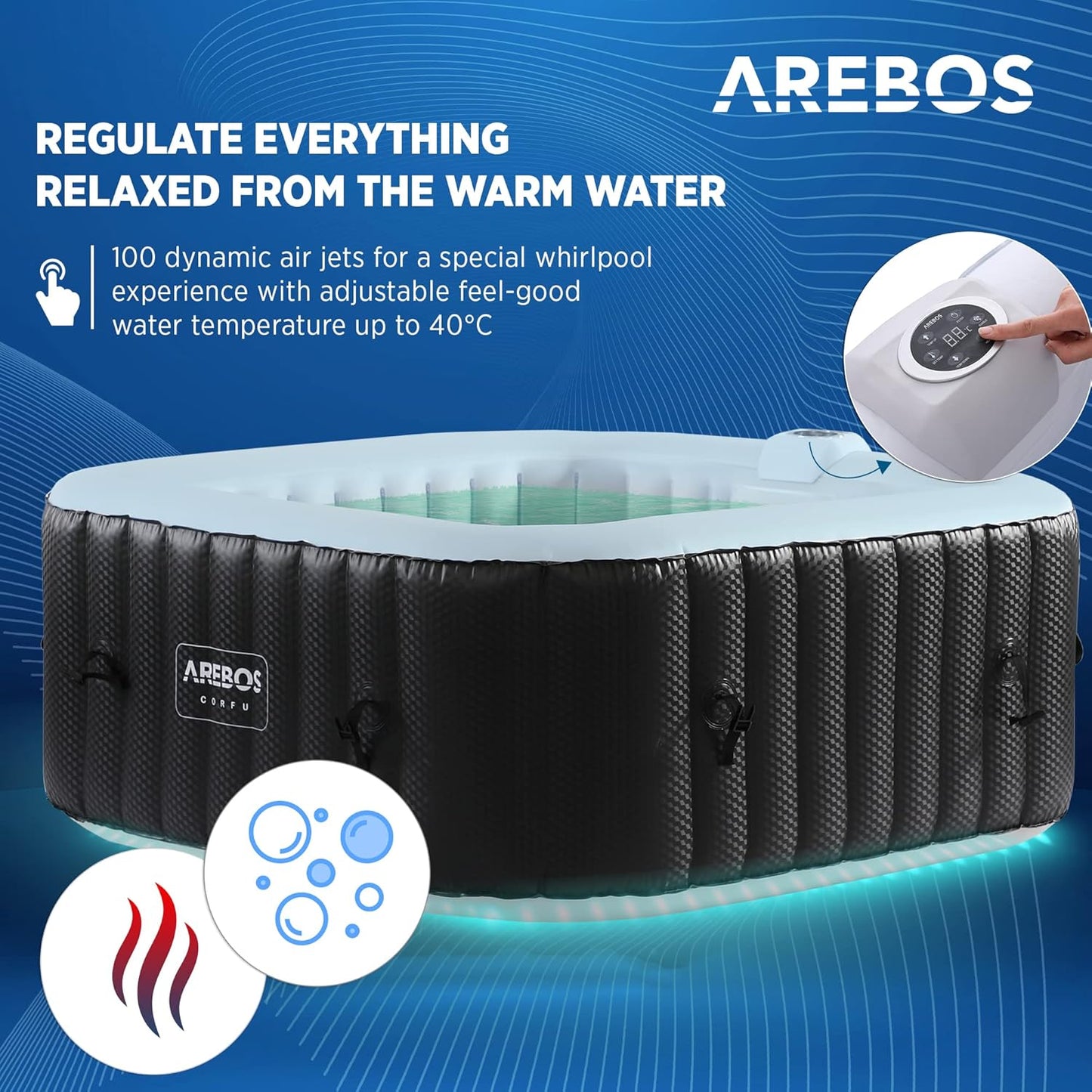 Inflatable Hot Tub | Indoor & Outdoor Spa Pool | 154 X 154 Cm | with LED Lighting | Square |4 Persons | 100 Massage Jets | with Heating | 600 L | Incl. Cover | Bubble Spa & Wellness Massage