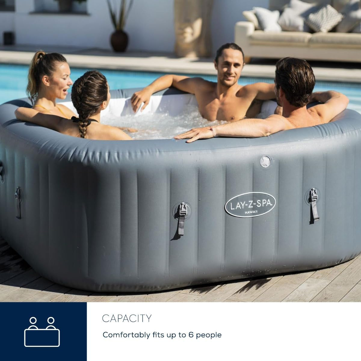 Hawaii Hot Tub, 8 Hydrojet Pro Massage System Inflatable Spa with Freeze Shield Technology and Sociable Square Shape, 4-6 Person