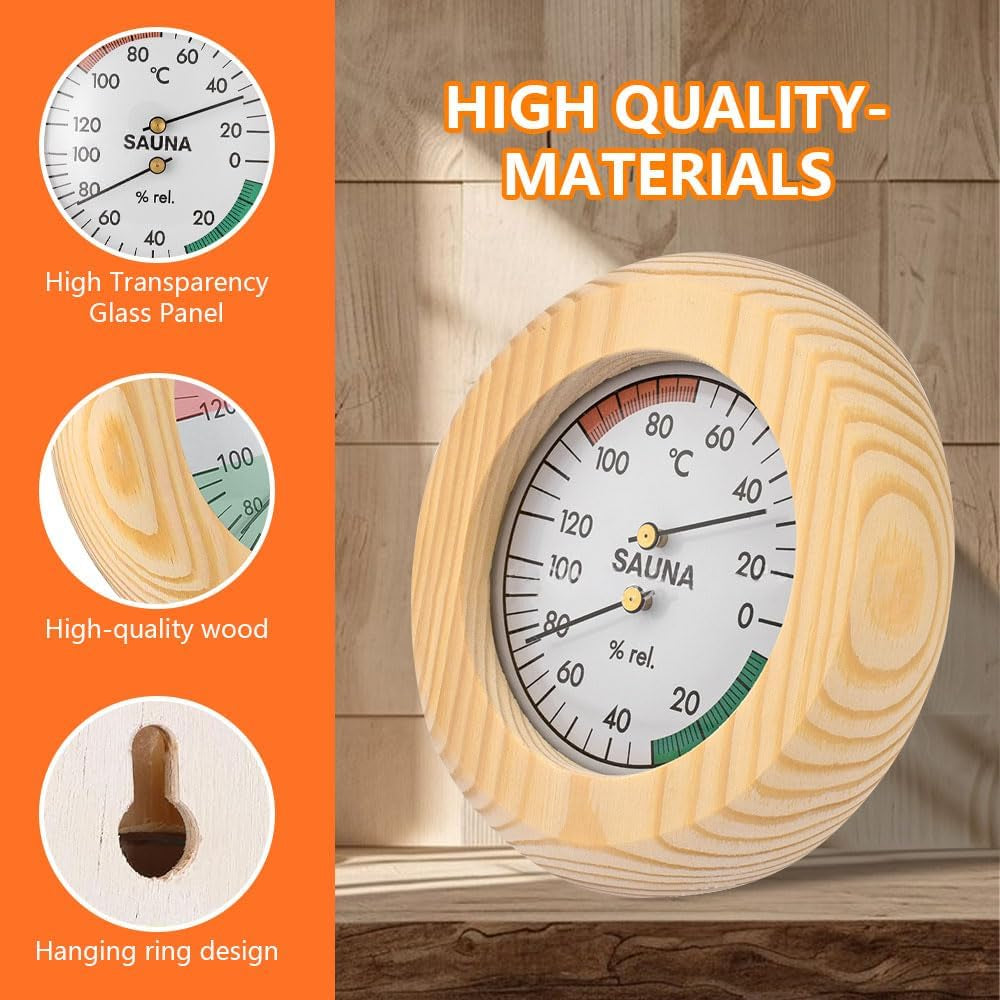 Sauna Thermometer Hygrometer, 2 in 1 Wood Sauna Thermo-Hygrometer, Wooden Sauna Thermometer and Hygrometer with High Accuracy, Sauna Accessories for Measuring Temperature and Humidity