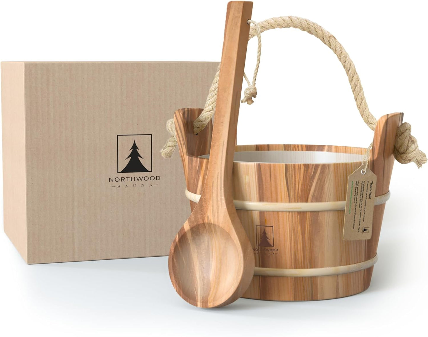 - Sauna Bucket and Ladle Set - Handmade from Canadian Red Cedar Wood - Plastic Liner and Rope Handle