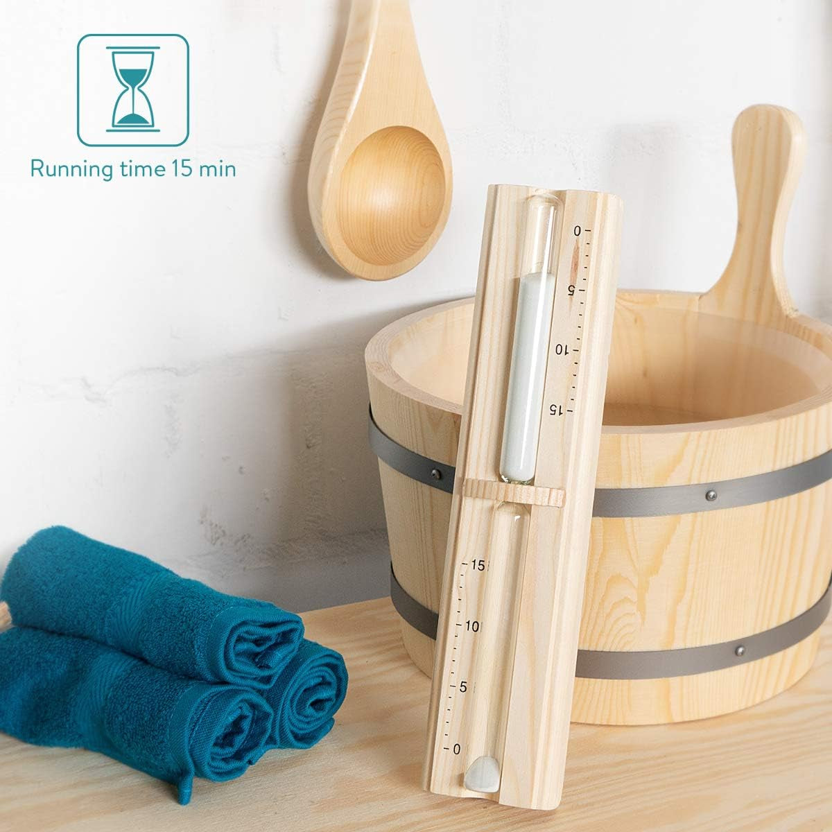 Sauna Hourglass Sand Timer - Classic Wall-Mounted Sand Hour Glass for Saunas - Pine Wood, Sand and Heat-Resistant Glass - 29.5 X 7.5 X 4 Cm