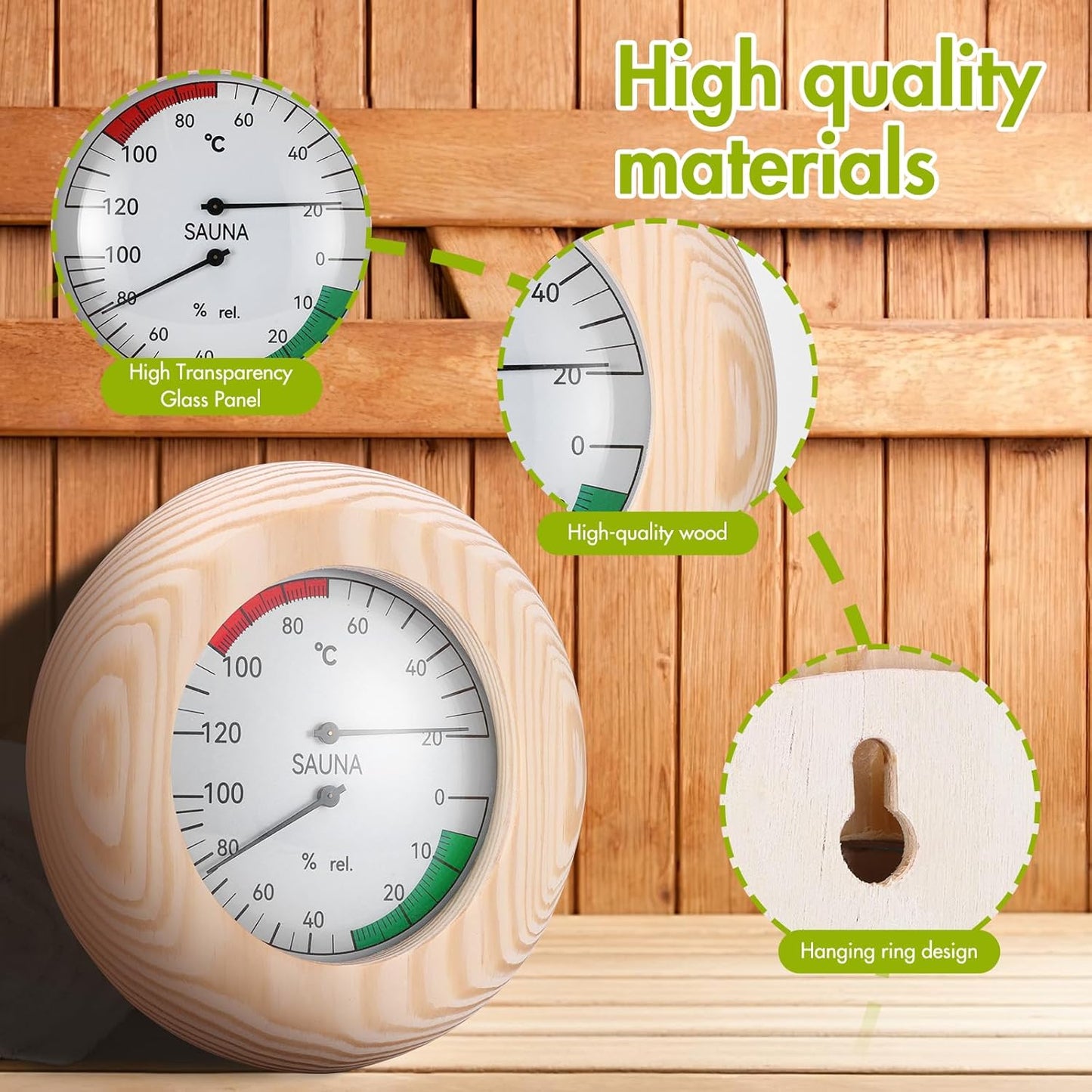 Wood Sauna Thermo-Hygrometer, 2-In-1 Thermometer and Hygromete Rwith High Accuracy, round Wooden Humidity Meter Sauna Accessories for Steam Room Sauna Room