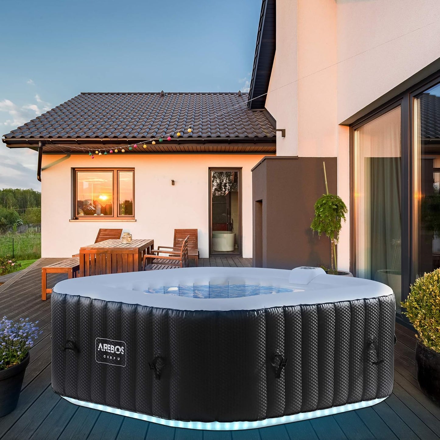 Inflatable Hot Tub | Indoor & Outdoor Spa Pool | 154 X 154 Cm | with LED Lighting | Square |4 Persons | 100 Massage Jets | with Heating | 600 L | Incl. Cover | Bubble Spa & Wellness Massage