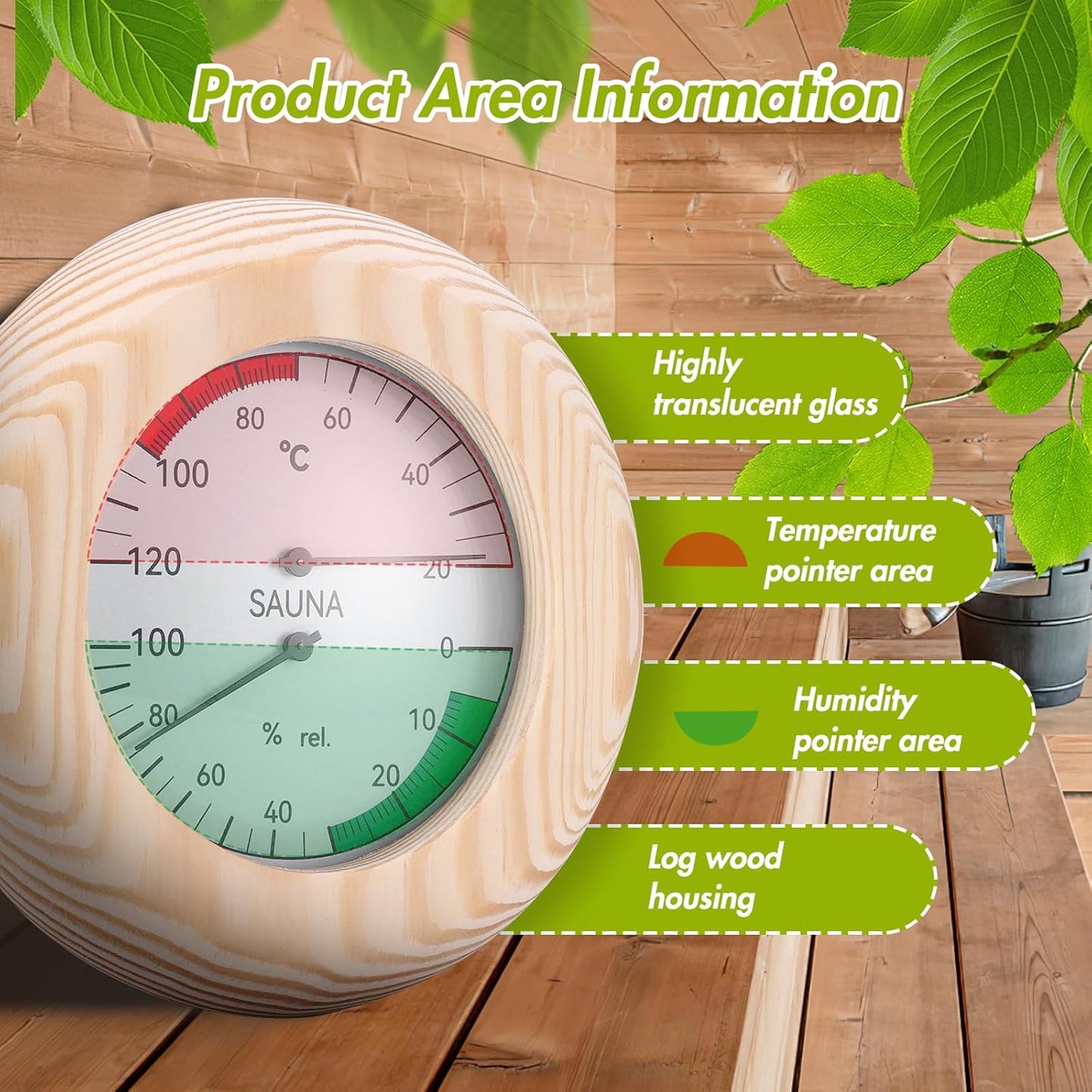 Wood Sauna Thermo-Hygrometer, 2-In-1 Thermometer and Hygromete Rwith High Accuracy, round Wooden Humidity Meter Sauna Accessories for Steam Room Sauna Room