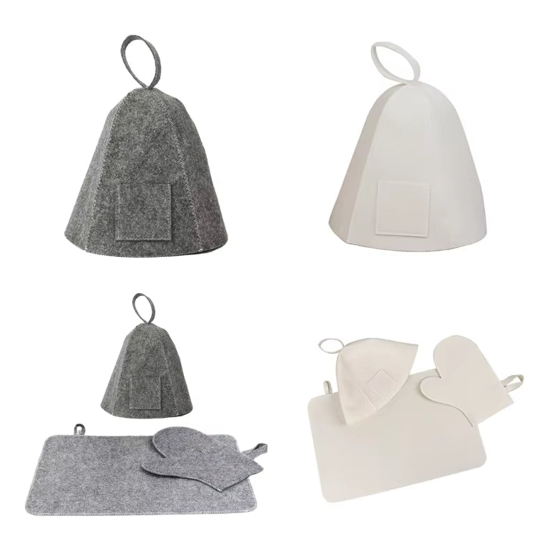 Wool Felt Sauna Set Hat Russian Glove Pad Fashionable Bath Shower Cap Men Women R7UB