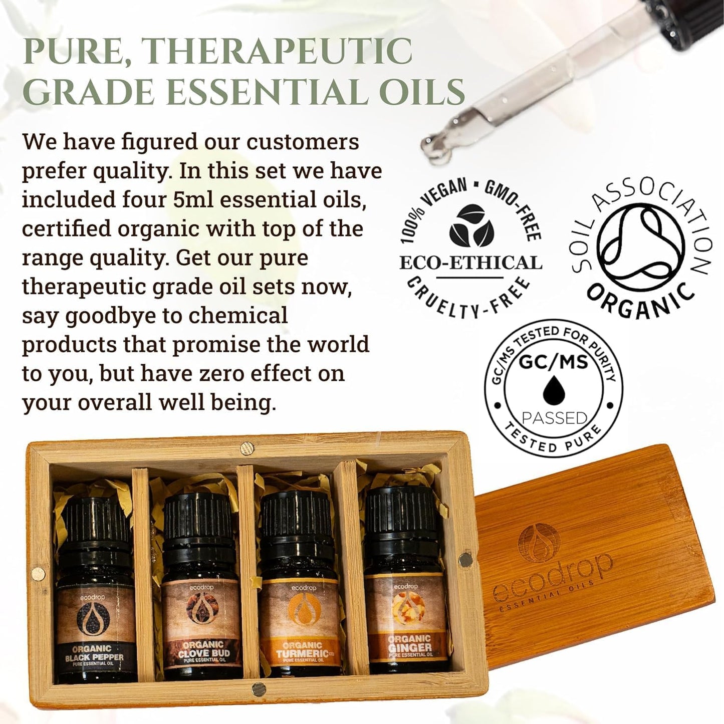 Ecodrop Spice Essential Oil Collection - 4X 5Ml Bottle Set | Pure, Natural & Organic Therapeutic Grade Aromatherapy Ginger, Clove, Turmeric & Black Pepper Immunity Essential Oil Diffuser Gift Kit