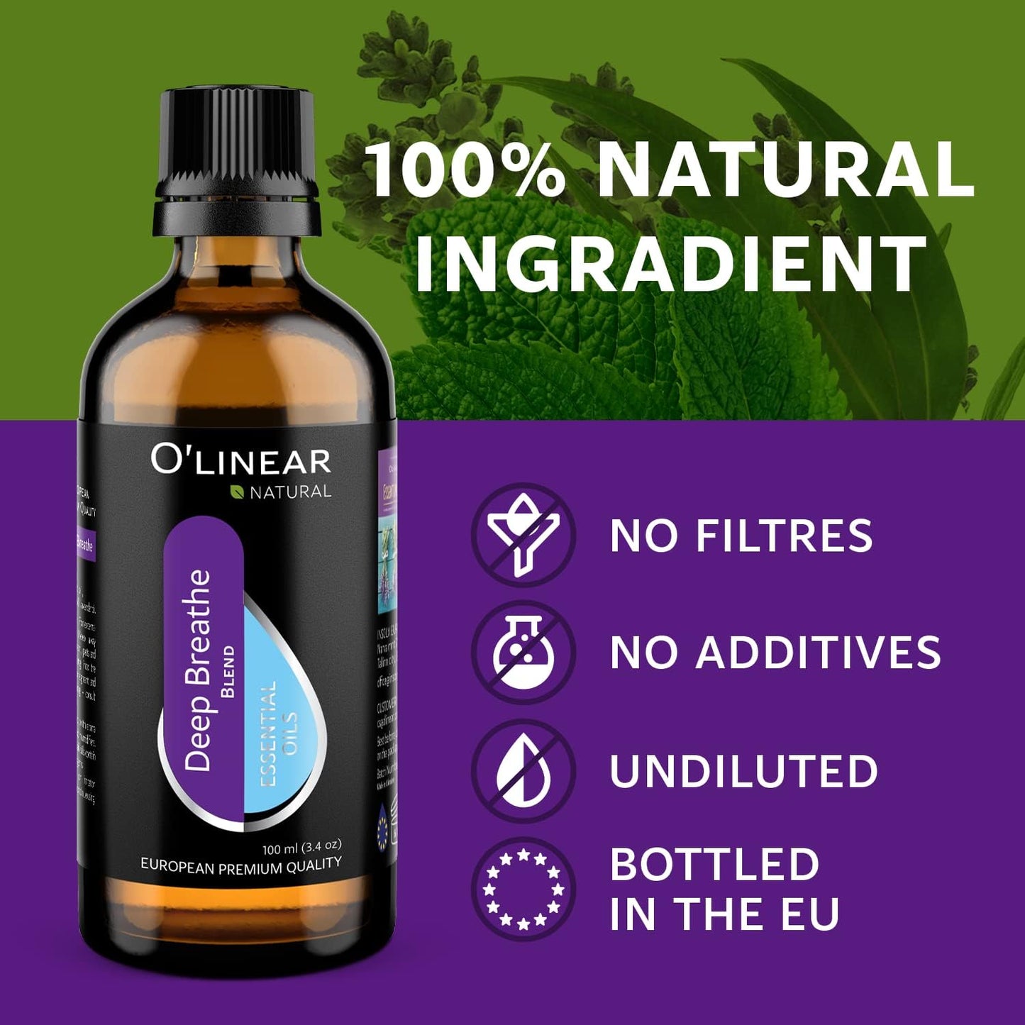 Breathe Essential Oil Blend - Calming Drops for Easy Breathing, Sweet Dreams and Relaxation, Mix of Peppermint, Lavender and Eucalyptus Oils Ideal for Humidifier, Meditation, and Home Spa Bulk Bottle