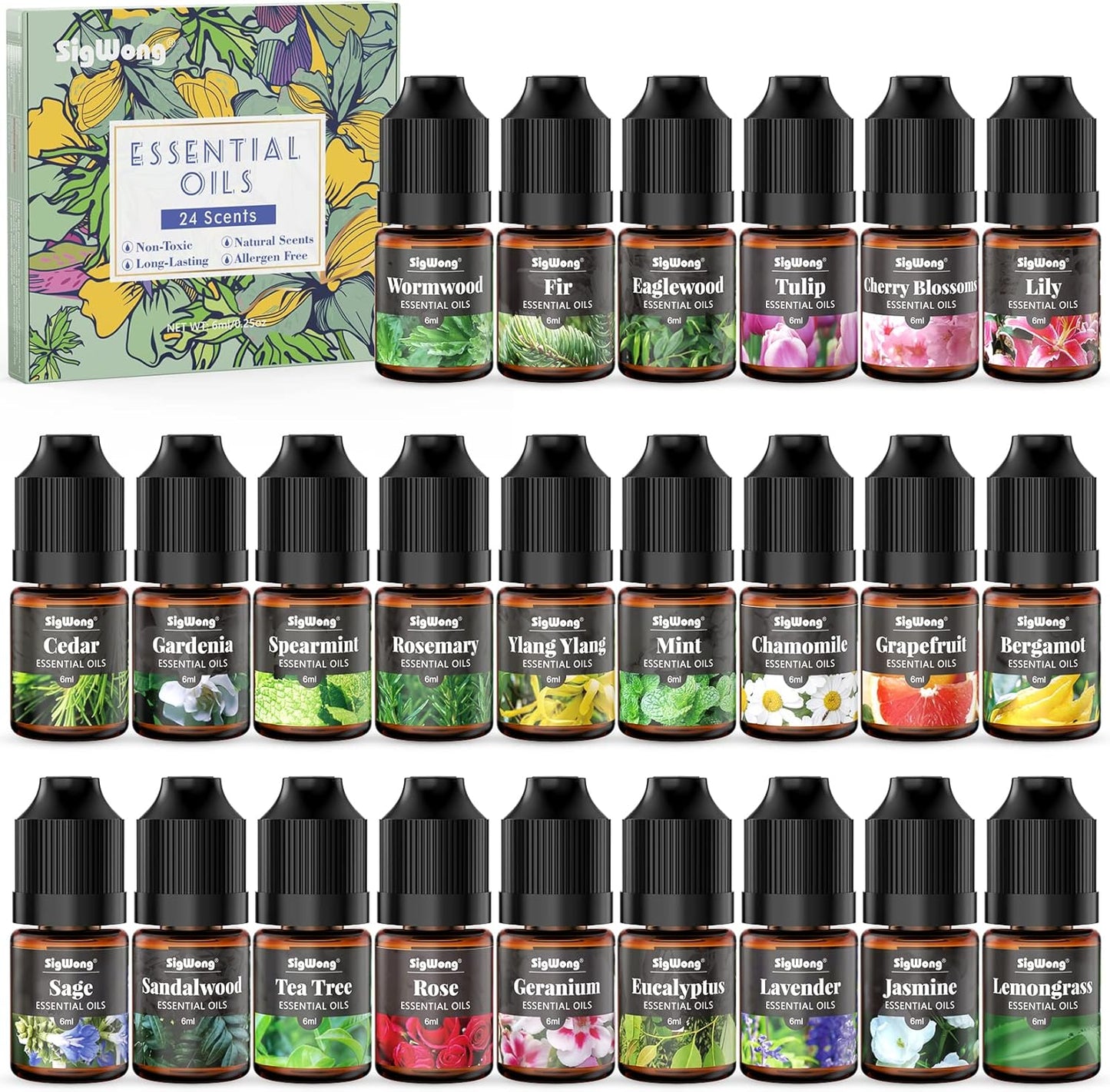 Essential Oils Set, 24 Scents Pure Fragrance Oils for Candle Soap Making, Long Lasting Natural Fragrance Oils for Diffuser, Humidifier, Scented Oils for Body Massage, Aromatherapy, 6Ml/0.2Oz Each
