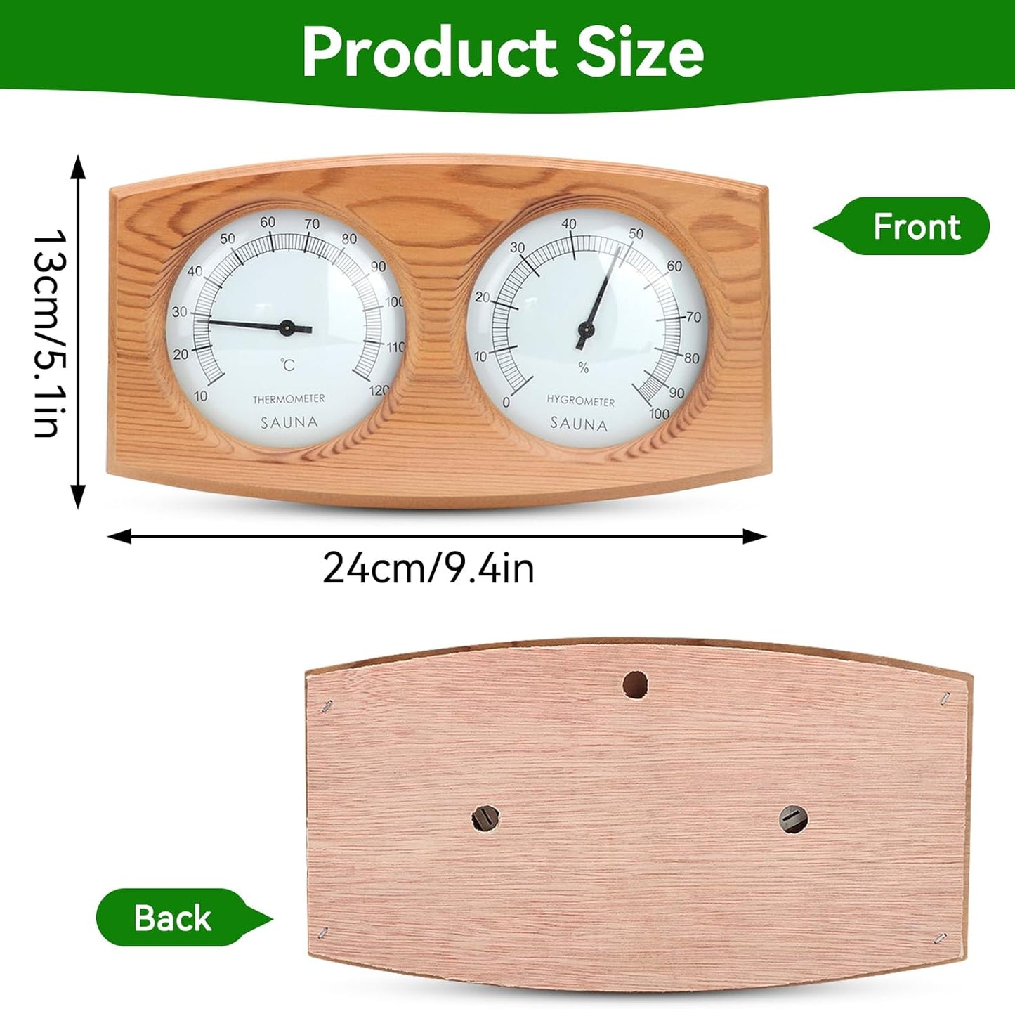 2 in 1 Wood Thermometer Hygrometer,9.4X5.1Inch,Sauna Thermometer and Hygrometer,Indoor Outdoor Thermometer Hygrometer Sauna Thermometer Double Dial Sauna Temperature Gauge Humidity Meter
