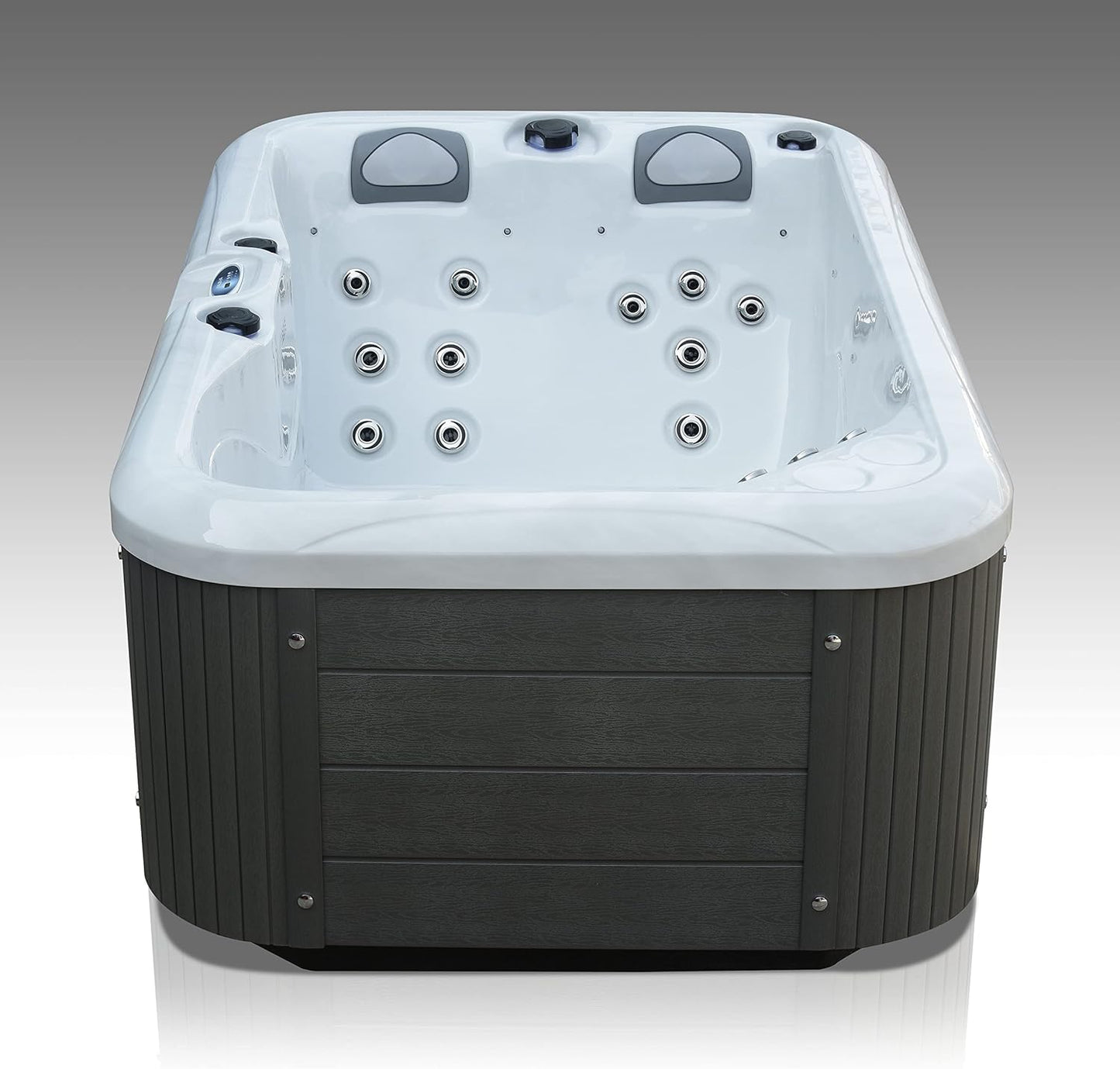 Dual Lounger 3 Seat Hot Tub- American Balboa Control System 13Amp Plug and Play - White Shell Grey Skirt