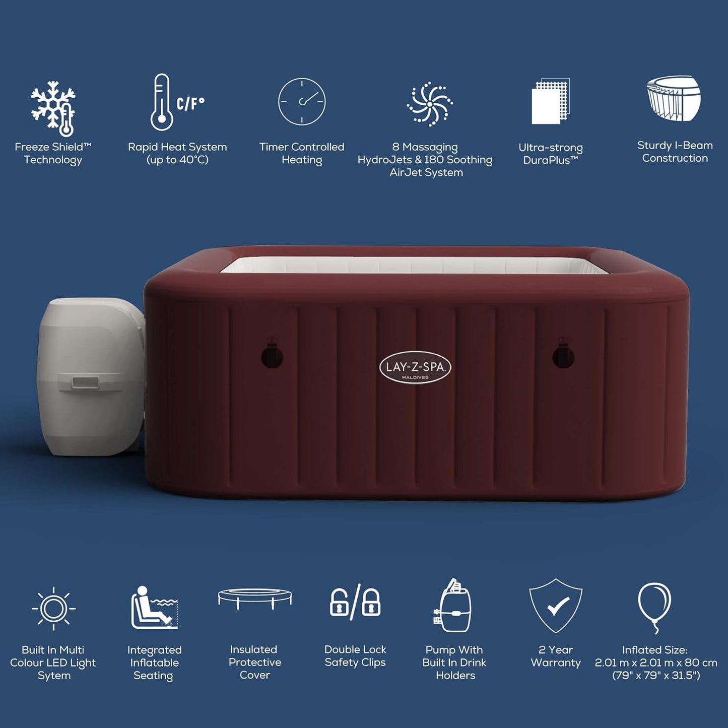 Maldives Luxury Hot Tub, 8 Hydrojet Pro Massage System Inflatable Spa with LED Lights, Foot Massager and Freeze Shield Technology, 5-7 Person