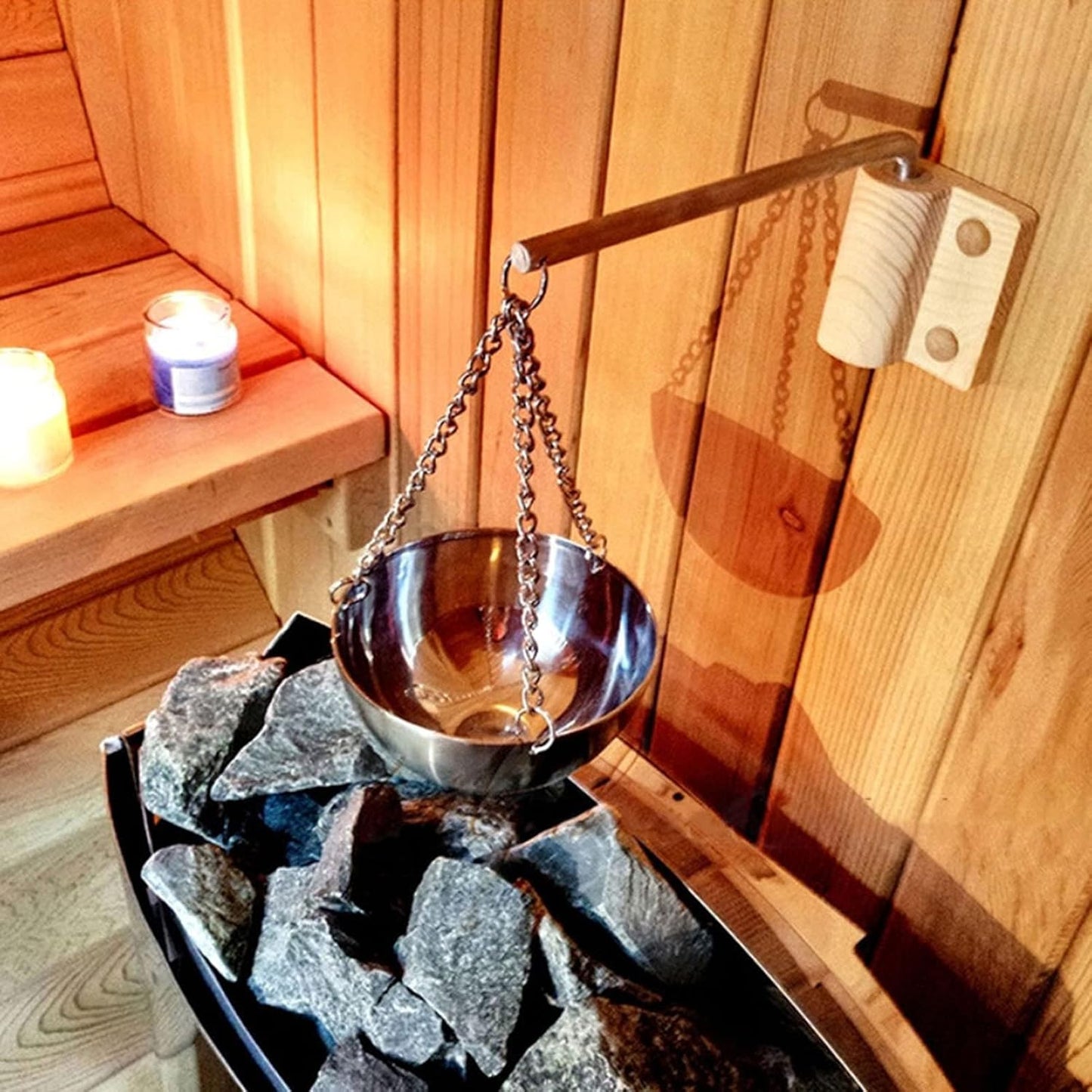 Sauna Aroma Bowl, Stainless Steel SPA Essential Oil Bowl with Wood Plate and Screws, Aromatherapy Oil Cup Sauna Suitable for Traditional Sauna (Small)