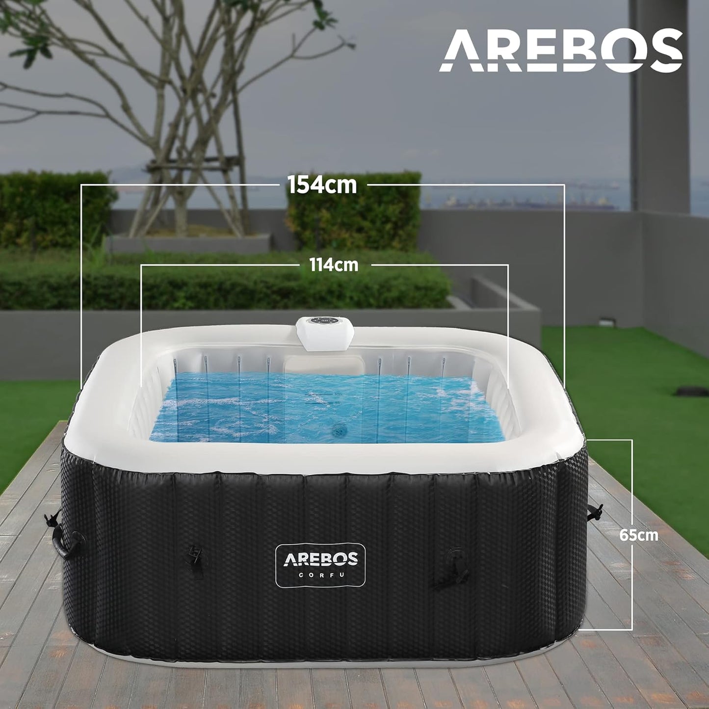 Inflatable Hot Tub | Indoor & Outdoor Spa Pool | 154 X 154 Cm | with LED Lighting | Square |4 Persons | 100 Massage Jets | with Heating | 600 L | Incl. Cover | Bubble Spa & Wellness Massage