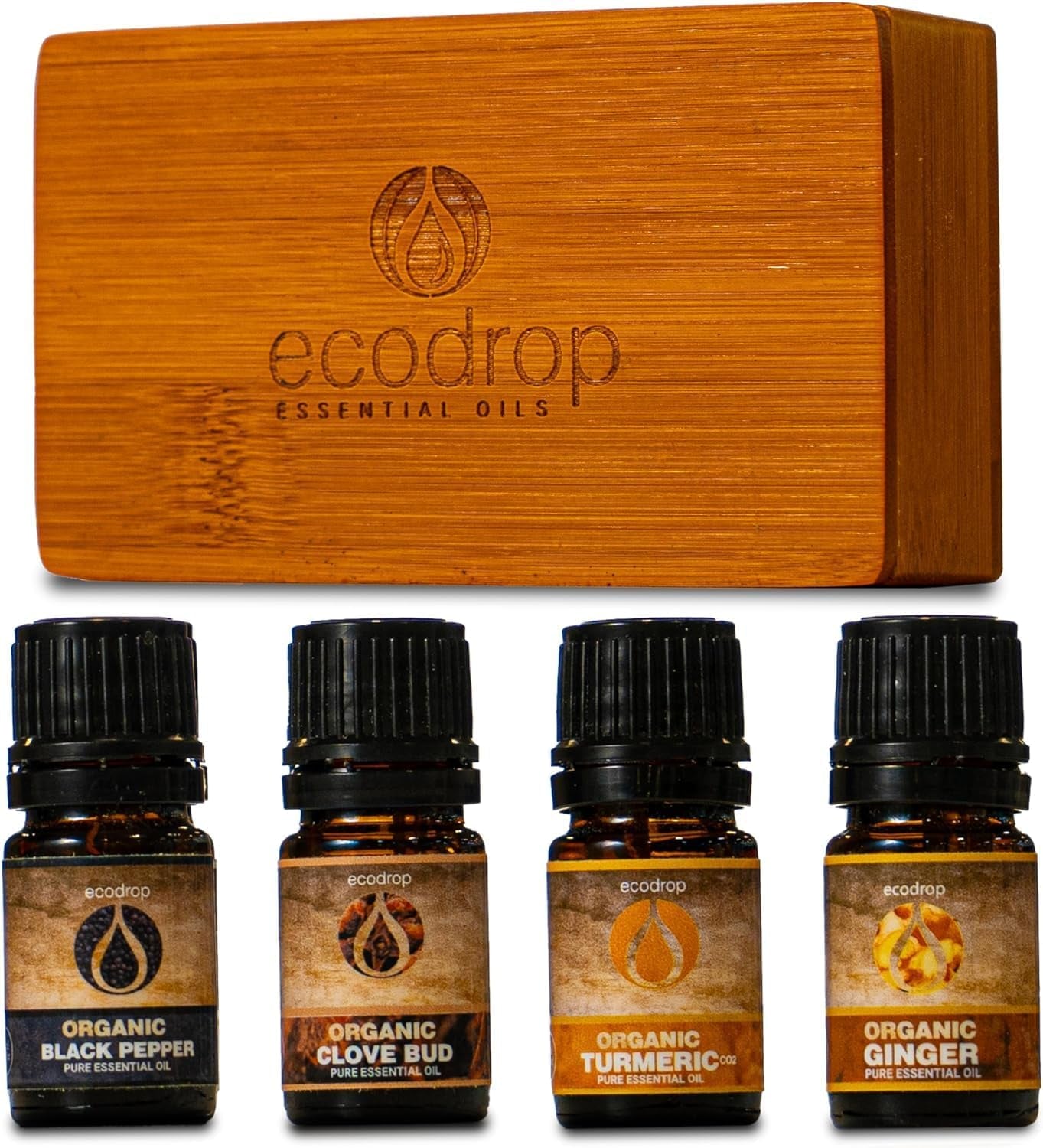 Ecodrop Spice Essential Oil Collection - 4X 5Ml Bottle Set | Pure, Natural & Organic Therapeutic Grade Aromatherapy Ginger, Clove, Turmeric & Black Pepper Immunity Essential Oil Diffuser Gift Kit