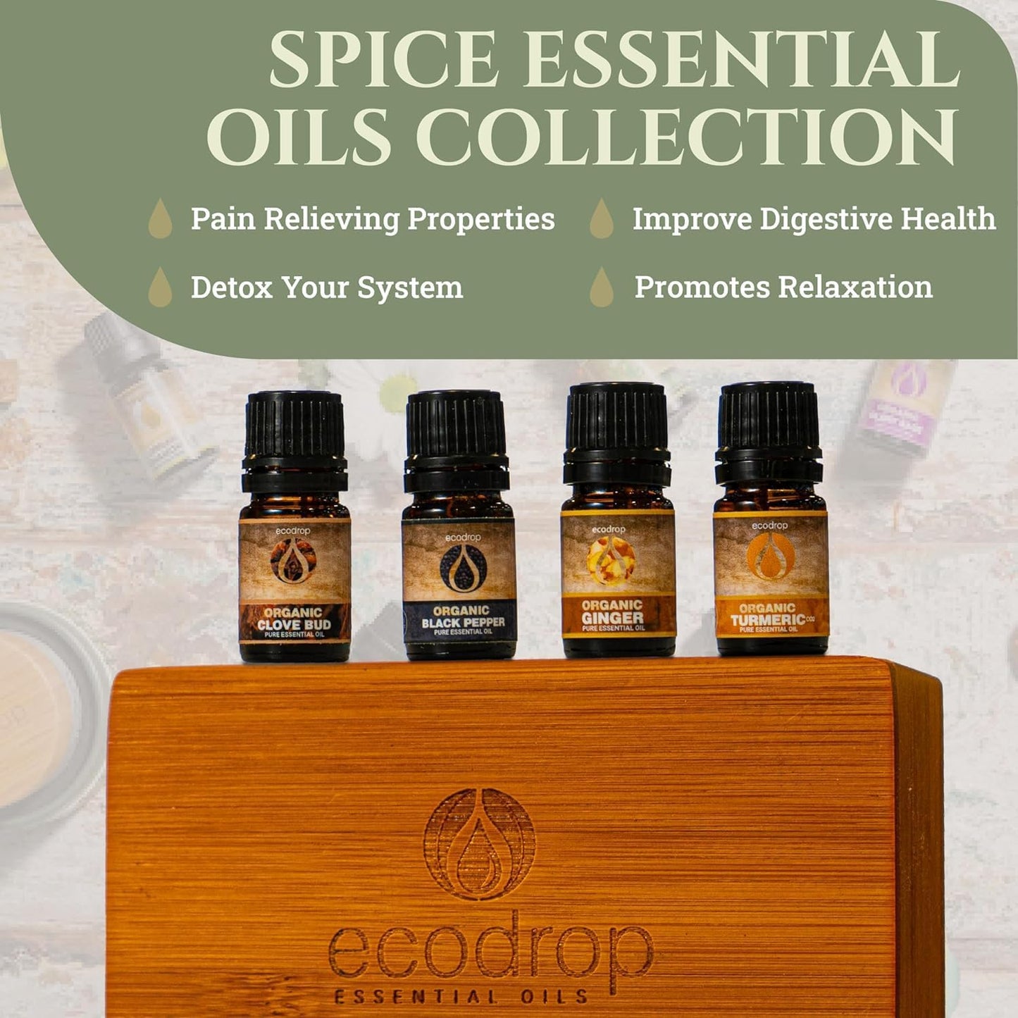 Ecodrop Spice Essential Oil Collection - 4X 5Ml Bottle Set | Pure, Natural & Organic Therapeutic Grade Aromatherapy Ginger, Clove, Turmeric & Black Pepper Immunity Essential Oil Diffuser Gift Kit