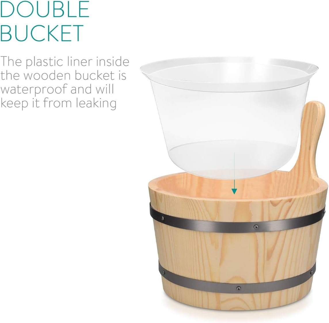 Wood Sauna Kit - Essential Spa Accessory with 5L Wooden Sauna Bucket, Plastic Liner, Ladle, Sand Timer - Set of 3 Accessories for Steam Room