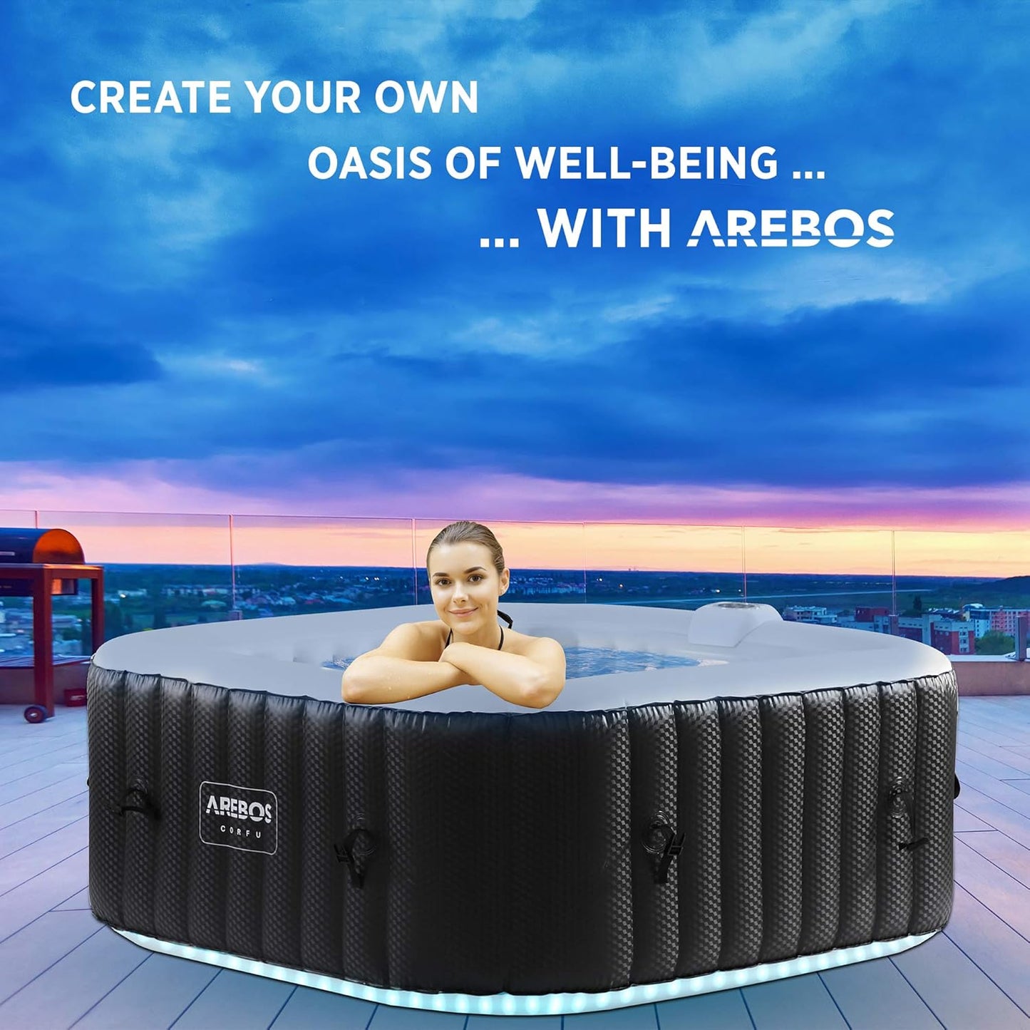 Inflatable Hot Tub | Indoor & Outdoor Spa Pool | 154 X 154 Cm | with LED Lighting | Square |4 Persons | 100 Massage Jets | with Heating | 600 L | Incl. Cover | Bubble Spa & Wellness Massage