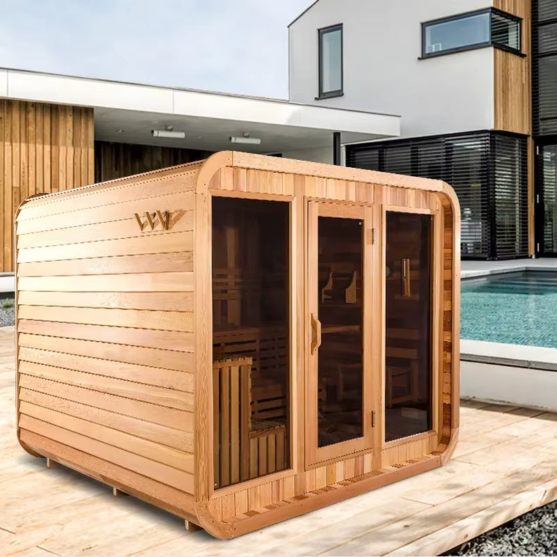 Garden Luxury Family Traditional Steam Plaza Sauna Outdoor Red Cedar Wood Cube Sauna with Electric Stove