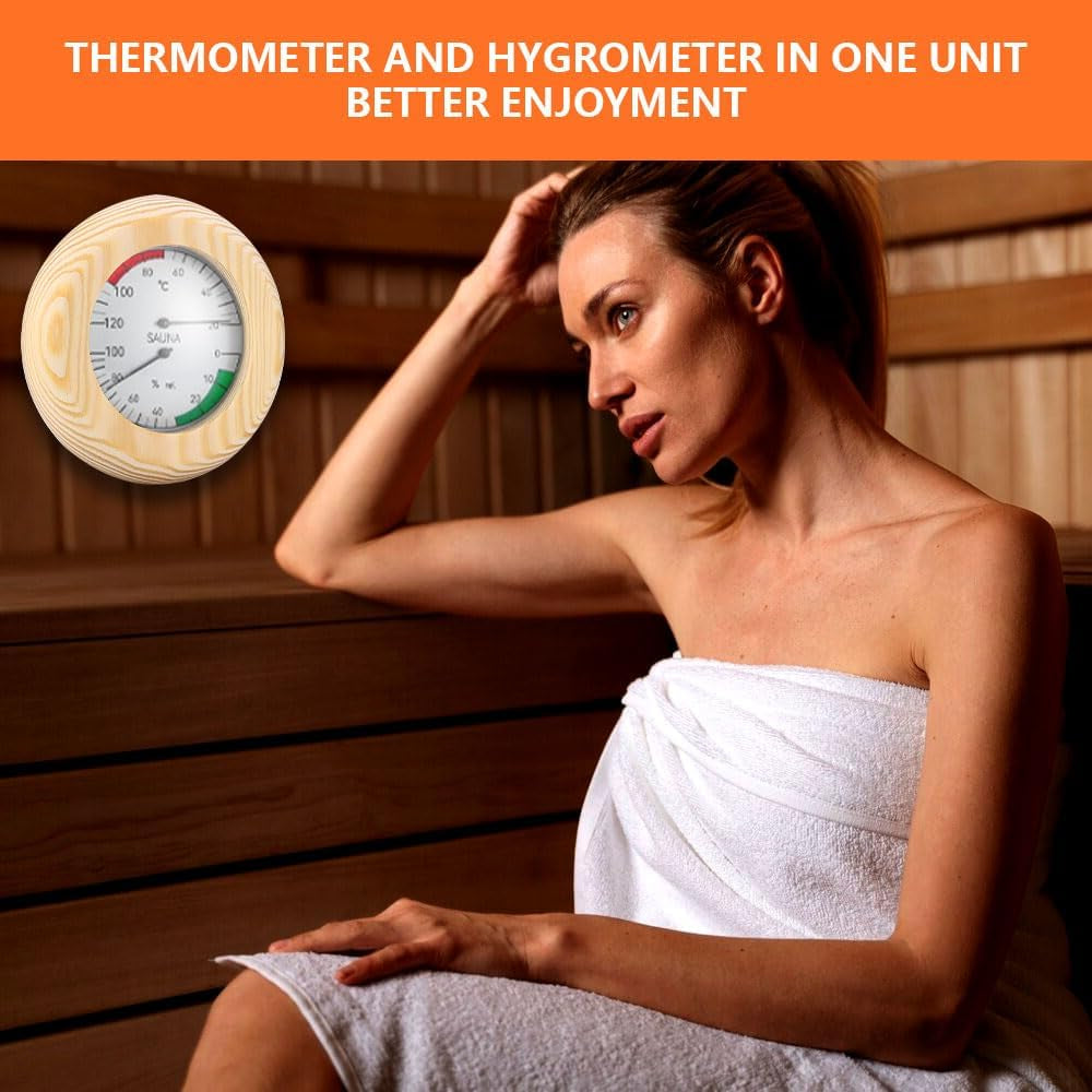 Sauna Thermometer Hygrometer, 2 in 1 Wood Sauna Thermo-Hygrometer, Wooden Sauna Thermometer and Hygrometer with High Accuracy, Sauna Accessories for Measuring Temperature and Humidity