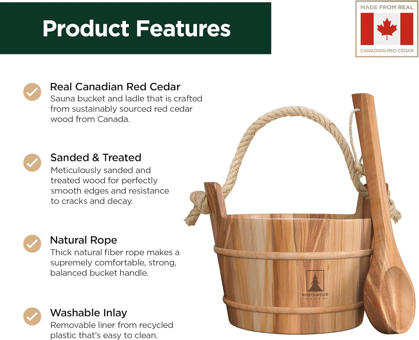 - Sauna Bucket and Ladle Set - Handmade from Canadian Red Cedar Wood - Plastic Liner and Rope Handle