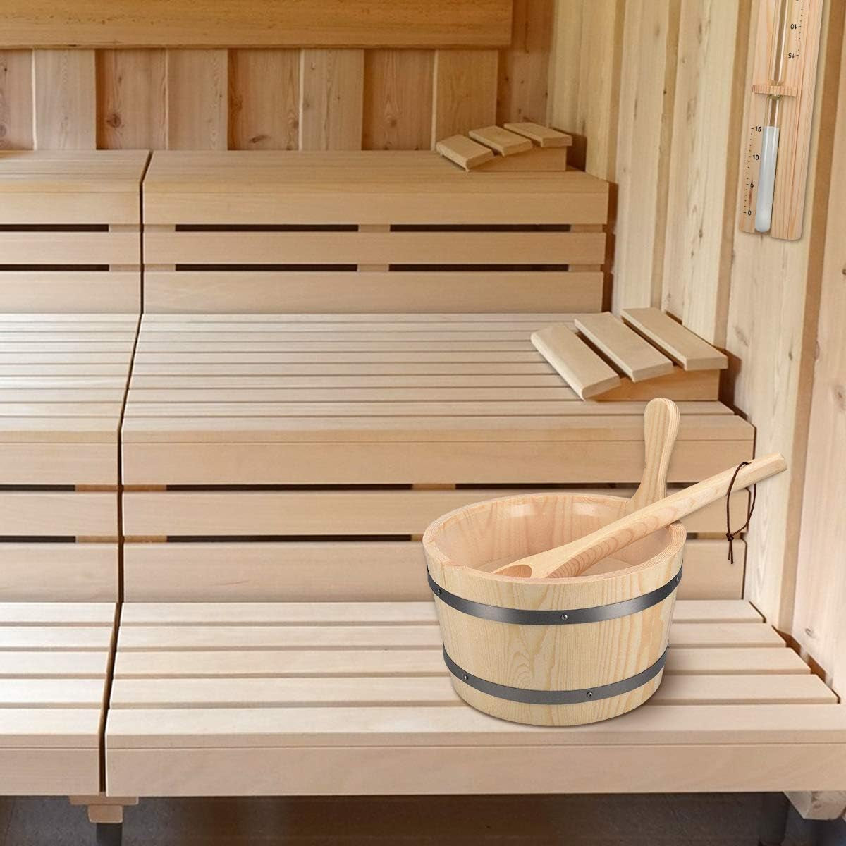 Wood Sauna Kit - Essential Spa Accessory with 5L Wooden Sauna Bucket, Plastic Liner, Ladle, Sand Timer - Set of 3 Accessories for Steam Room