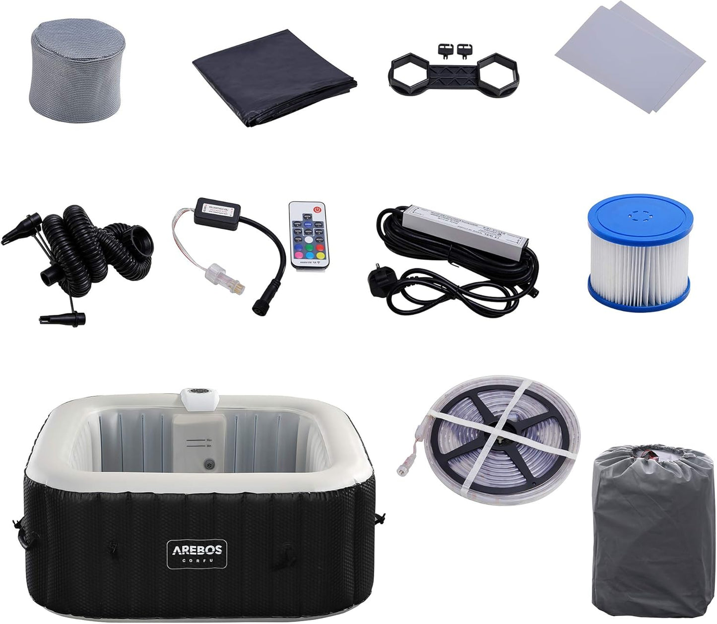 Inflatable Hot Tub | Indoor & Outdoor Spa Pool | 154 X 154 Cm | with LED Lighting | Square |4 Persons | 100 Massage Jets | with Heating | 600 L | Incl. Cover | Bubble Spa & Wellness Massage