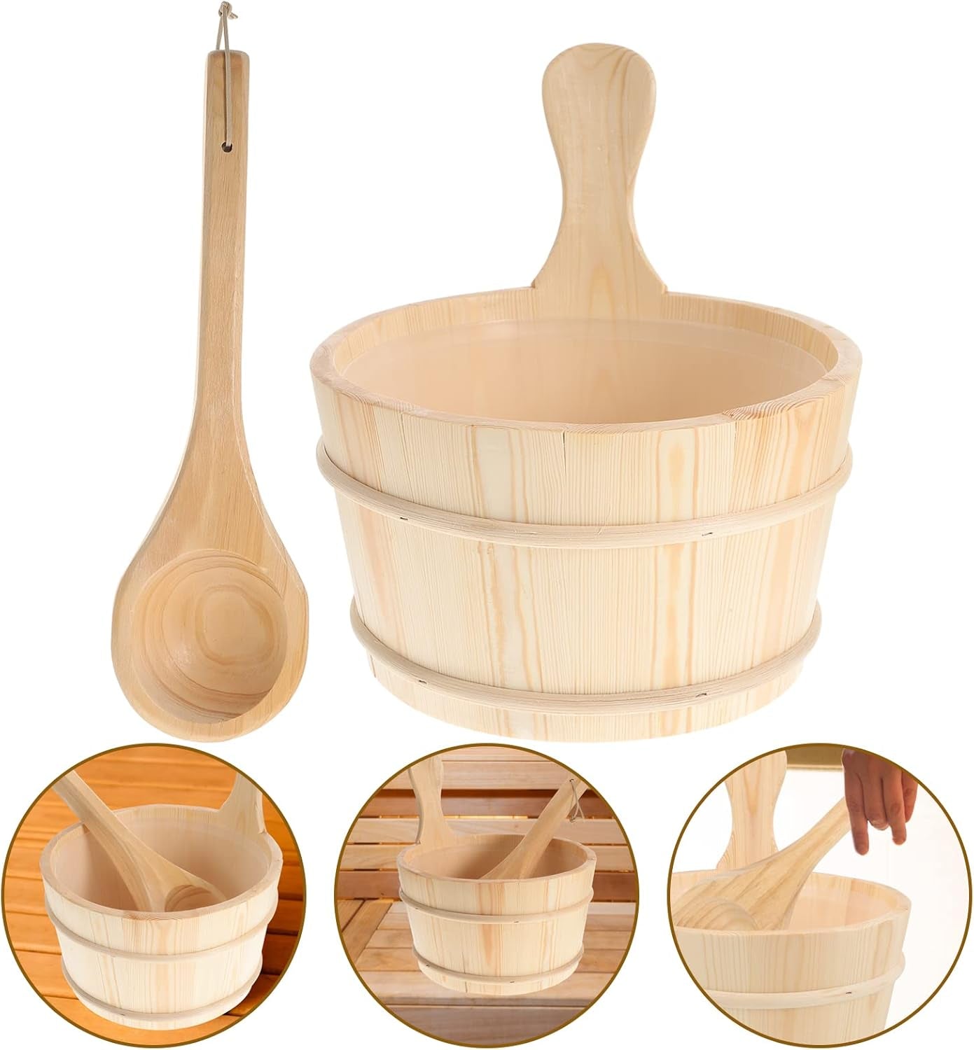 2Pcs Sauna Wooden Bucket and Ladle Set Sauna Water Bucket Wood Ladle Kit Barrel Set Sauna Steam Water Accessories (Neutral Style)