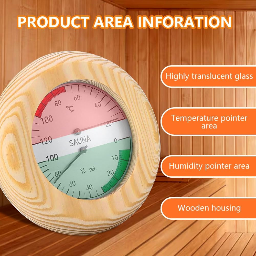 Sauna Thermometer Hygrometer, 2 in 1 Wood Sauna Thermo-Hygrometer, Wooden Sauna Thermometer and Hygrometer with High Accuracy, Sauna Accessories for Measuring Temperature and Humidity