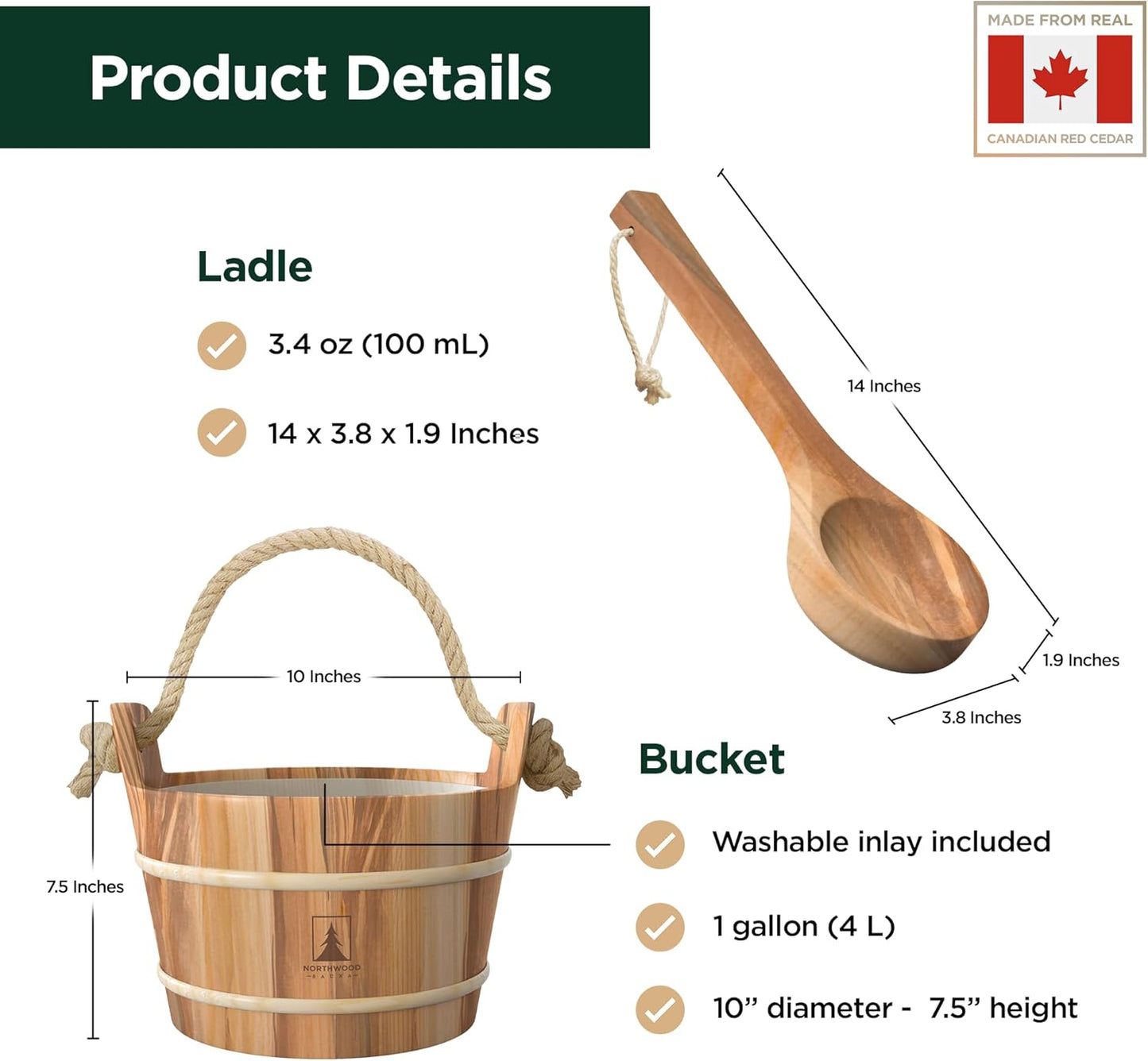 - Sauna Bucket and Ladle Set - Handmade from Canadian Red Cedar Wood - Plastic Liner and Rope Handle