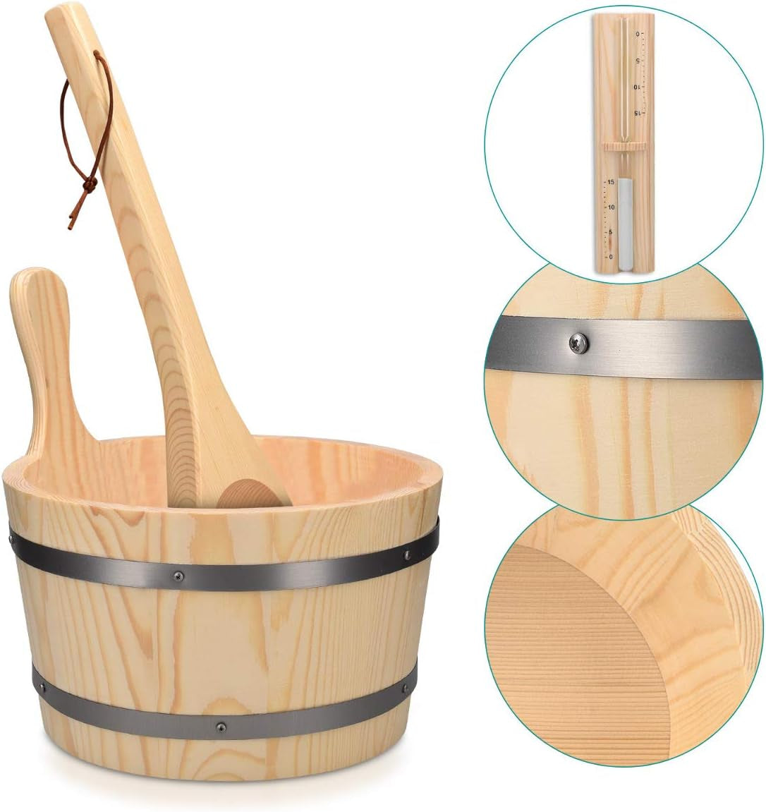 Wood Sauna Kit - Essential Spa Accessory with 5L Wooden Sauna Bucket, Plastic Liner, Ladle, Sand Timer - Set of 3 Accessories for Steam Room