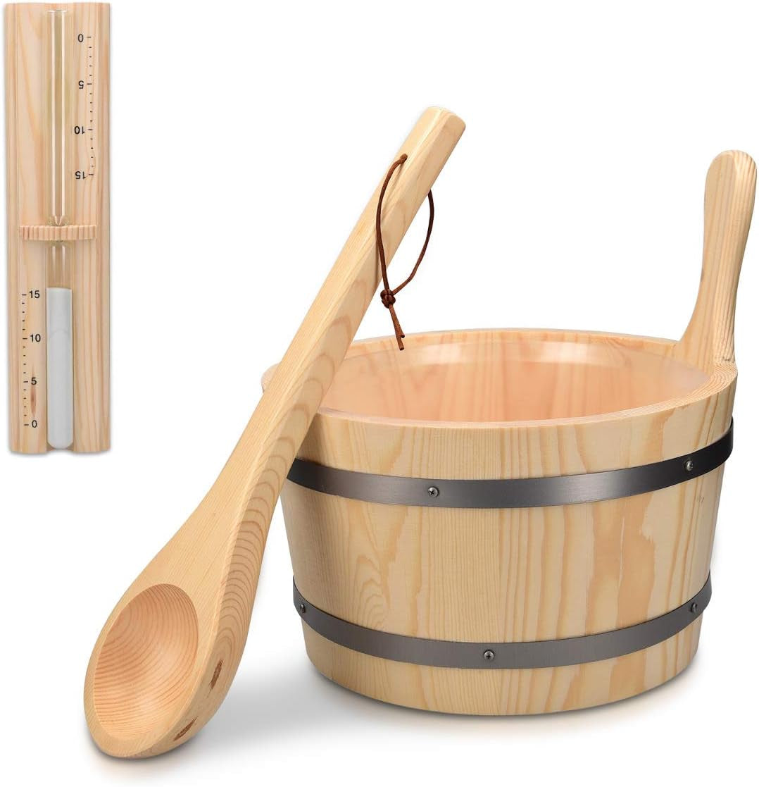 Wood Sauna Kit - Essential Spa Accessory with 5L Wooden Sauna Bucket, Plastic Liner, Ladle, Sand Timer - Set of 3 Accessories for Steam Room