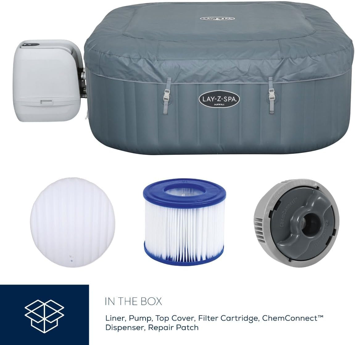 Hawaii Hot Tub, 8 Hydrojet Pro Massage System Inflatable Spa with Freeze Shield Technology and Sociable Square Shape, 4-6 Person