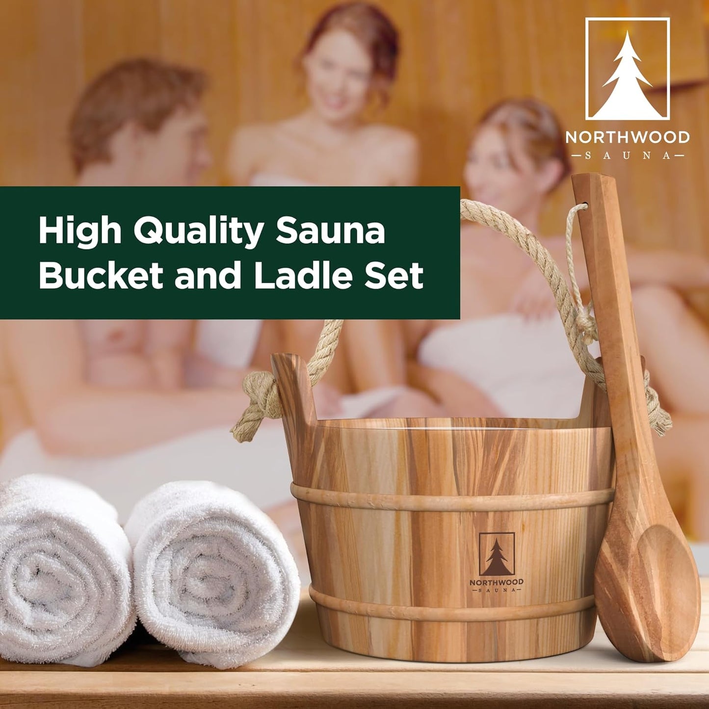 - Sauna Bucket and Ladle Set - Handmade from Canadian Red Cedar Wood - Plastic Liner and Rope Handle