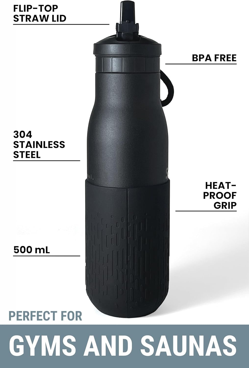 500 Ml Insulated Stainless Steel Gym/Sauna Bottle with Straw – Heat-Proof, Bpa-Free, Double-Wall Vacuum Flask, Heat-Resistant Grip – Black