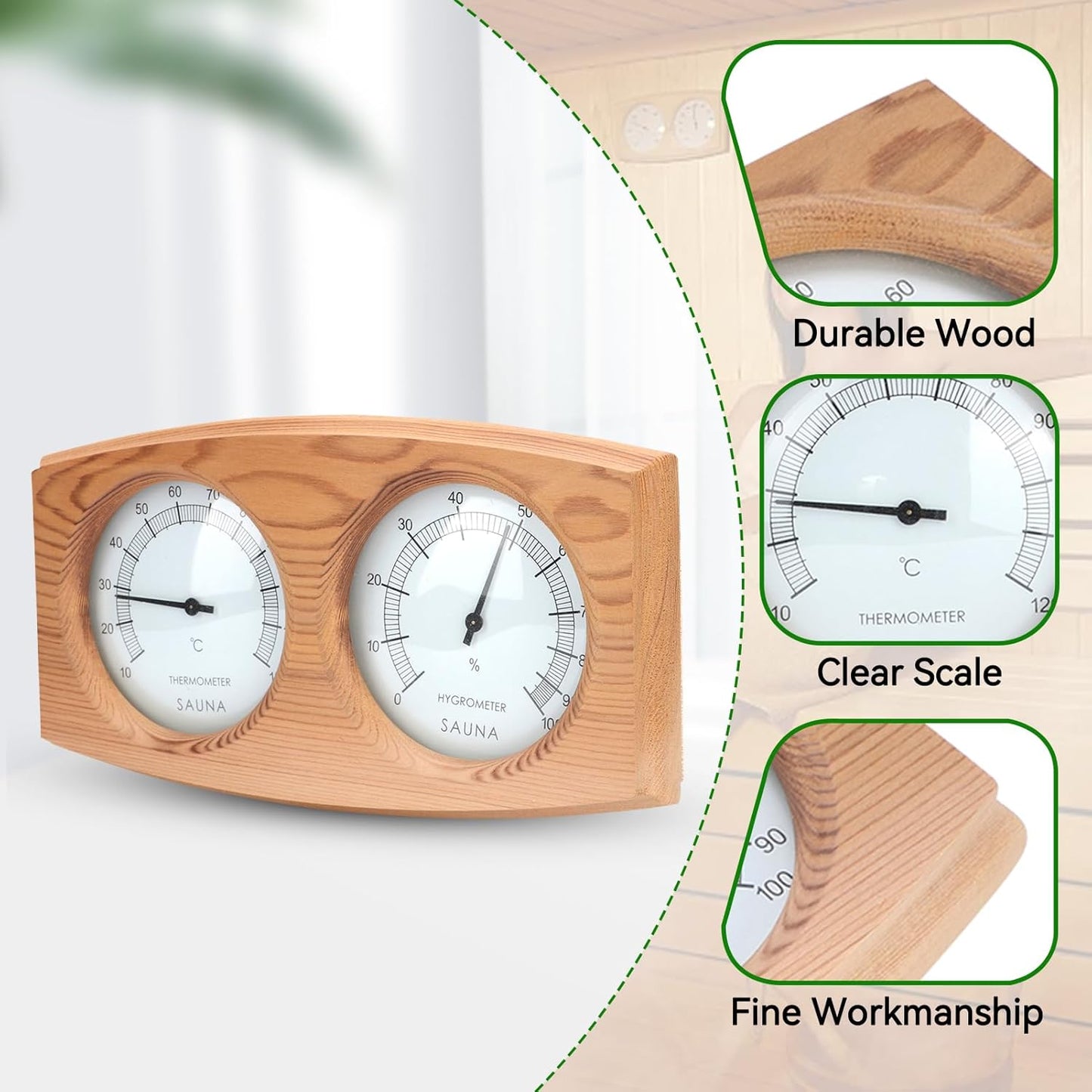 2 in 1 Wood Thermometer Hygrometer,9.4X5.1Inch,Sauna Thermometer and Hygrometer,Indoor Outdoor Thermometer Hygrometer Sauna Thermometer Double Dial Sauna Temperature Gauge Humidity Meter