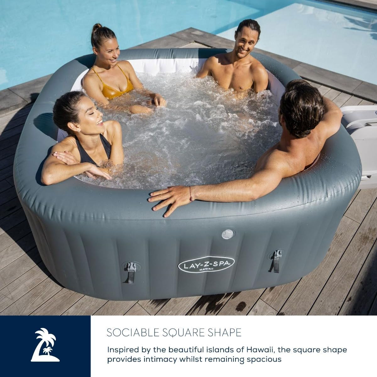 Hawaii Hot Tub, 8 Hydrojet Pro Massage System Inflatable Spa with Freeze Shield Technology and Sociable Square Shape, 4-6 Person