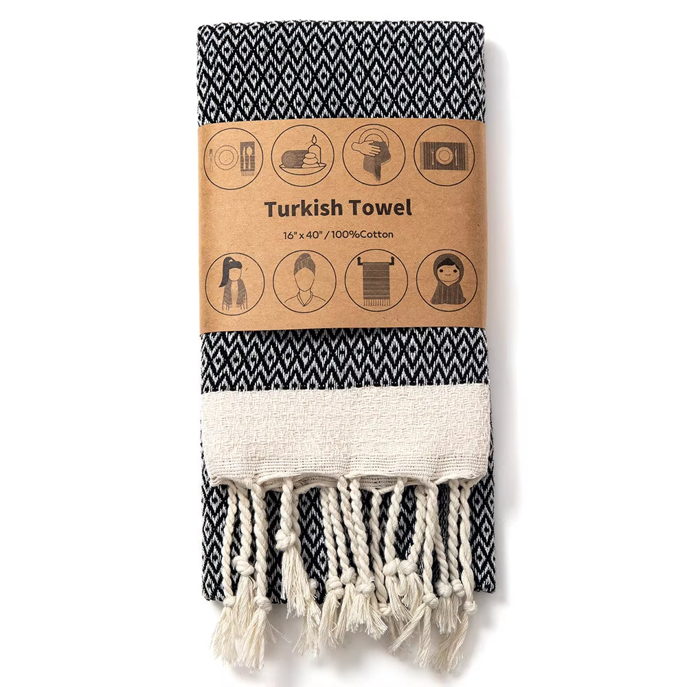 40X100Cm Turkish Diamond Pattern Fringed Cotton Beach Towel Thickened Diamond Lattice Sauna Towel Quick-Dry Machine Washable