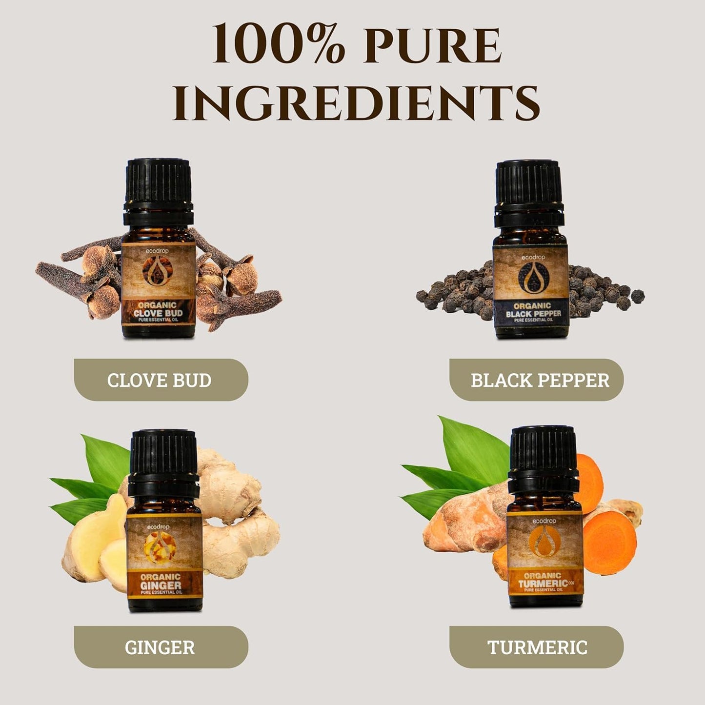 Ecodrop Spice Essential Oil Collection - 4X 5Ml Bottle Set | Pure, Natural & Organic Therapeutic Grade Aromatherapy Ginger, Clove, Turmeric & Black Pepper Immunity Essential Oil Diffuser Gift Kit