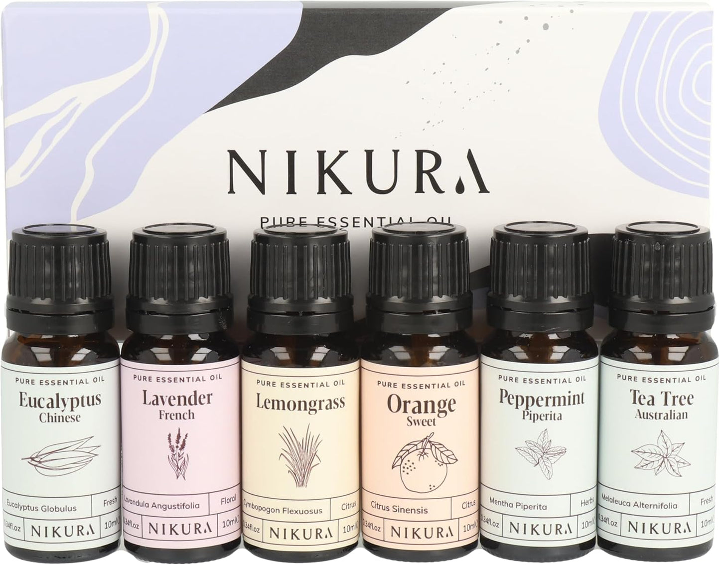 Starter Kit Essential Oil Gift Set - 6 X 10Ml | Essential Oil for Diffuser for Home, Aromatherapy, Strong Fragrance, Sleep | Eucalyptus, Lavender, Lemongrass, Sweet Orange, Peppermint, Tea Tree