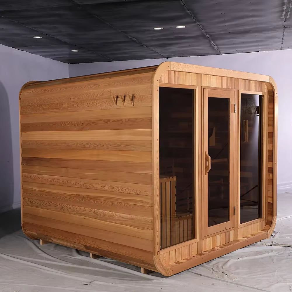 Garden Luxury Family Traditional Steam Plaza Sauna Outdoor Red Cedar Wood Cube Sauna with Electric Stove