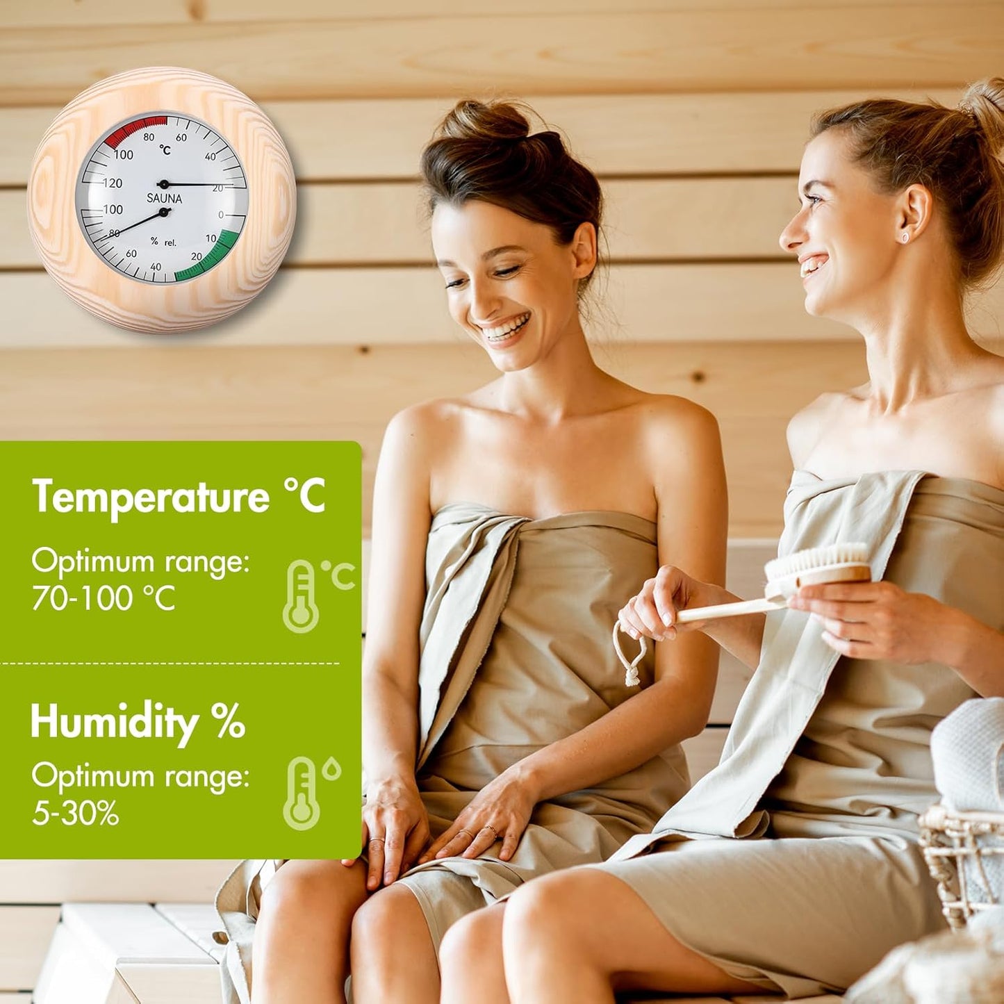 Wood Sauna Thermo-Hygrometer, 2-In-1 Thermometer and Hygromete Rwith High Accuracy, round Wooden Humidity Meter Sauna Accessories for Steam Room Sauna Room