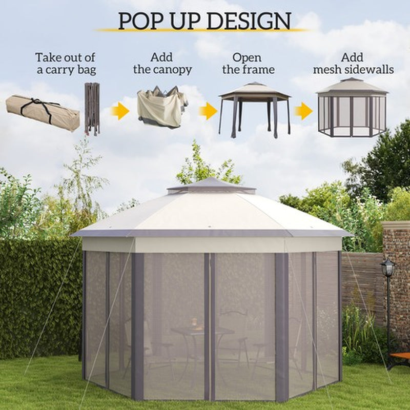 Hexagon Patio Gazebo Garden Shelter Heavy-Duty Double Roof W/ Mesh, 3 X 4M