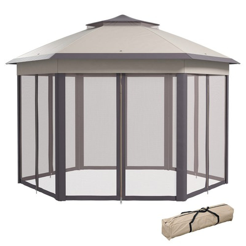 Hexagon Patio Gazebo Garden Shelter Heavy-Duty Double Roof W/ Mesh, 3 X 4M