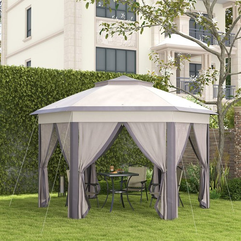 Hexagon Patio Gazebo Garden Shelter Heavy-Duty Double Roof W/ Mesh, 3 X 4M