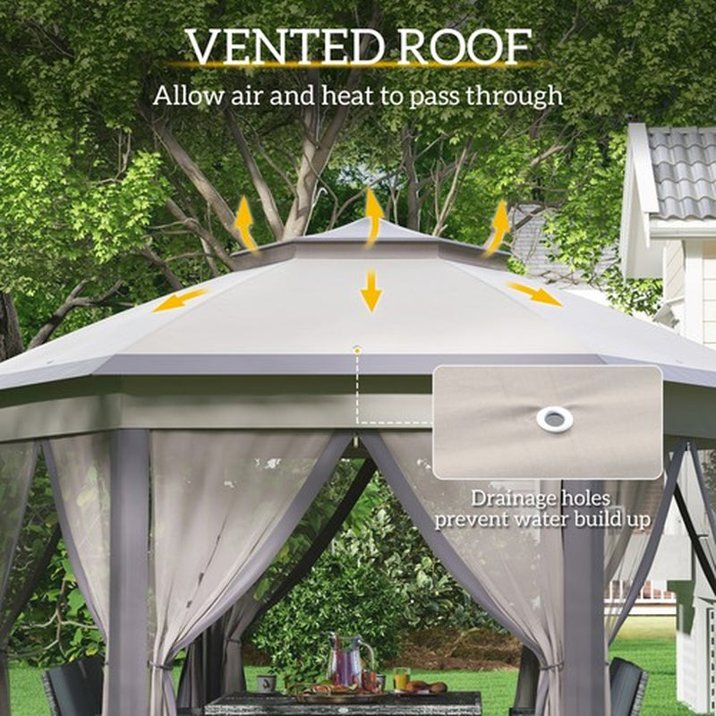 Hexagon Patio Gazebo Garden Shelter Heavy-Duty Double Roof W/ Mesh, 3 X 4M