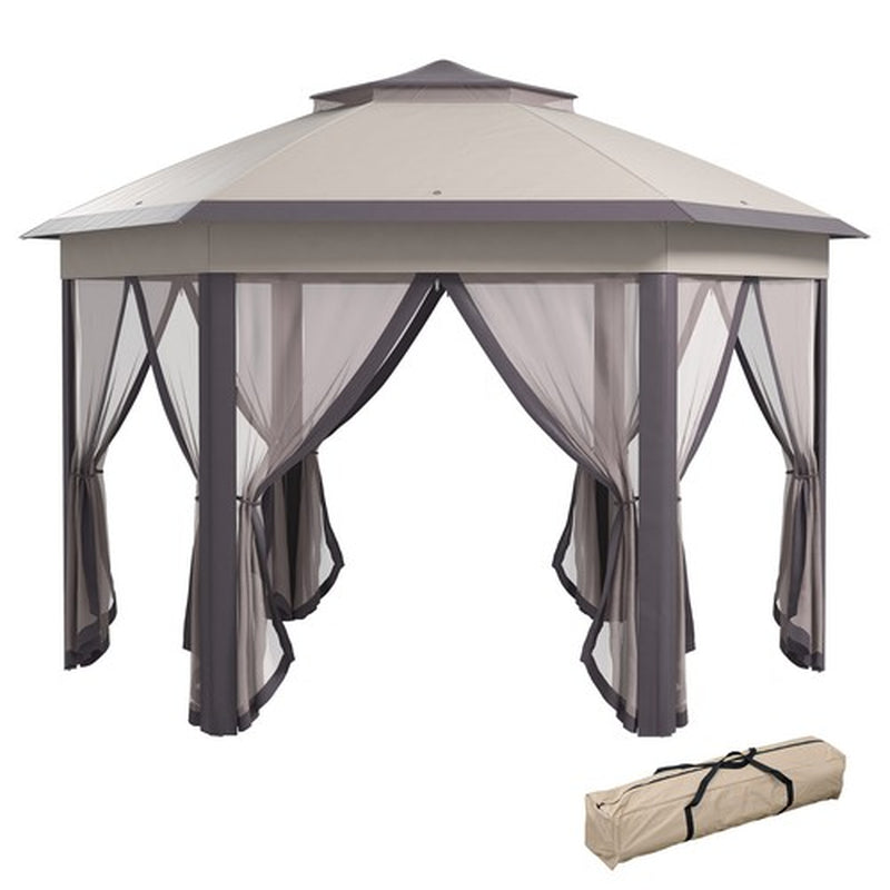 Hexagon Patio Gazebo Garden Shelter Heavy-Duty Double Roof W/ Mesh, 3 X 4M