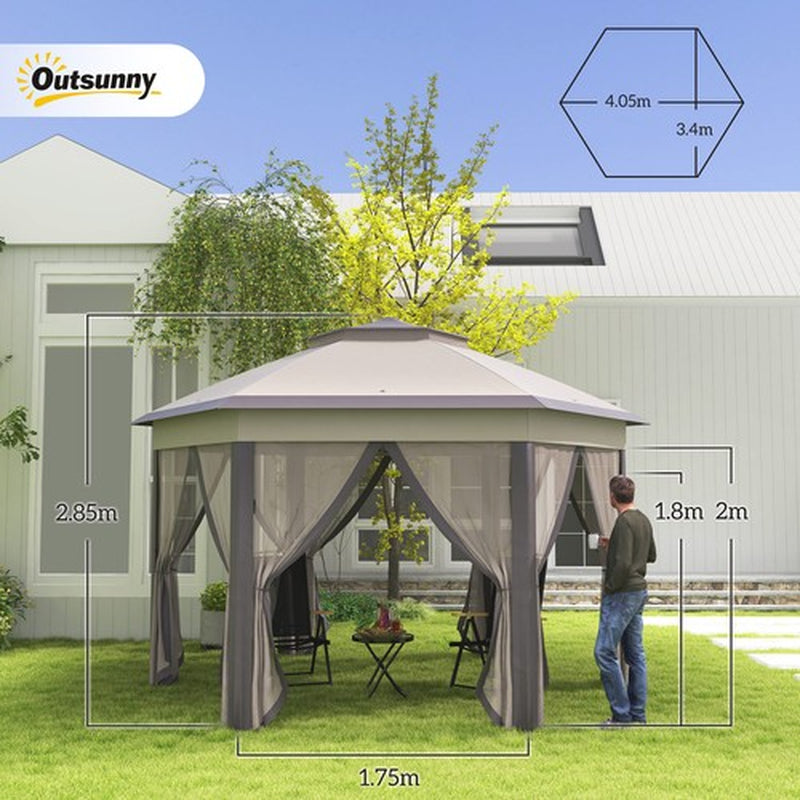 Hexagon Patio Gazebo Garden Shelter Heavy-Duty Double Roof W/ Mesh, 3 X 4M