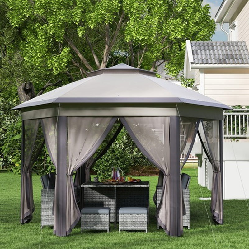 Hexagon Patio Gazebo Garden Shelter Heavy-Duty Double Roof W/ Mesh, 3 X 4M