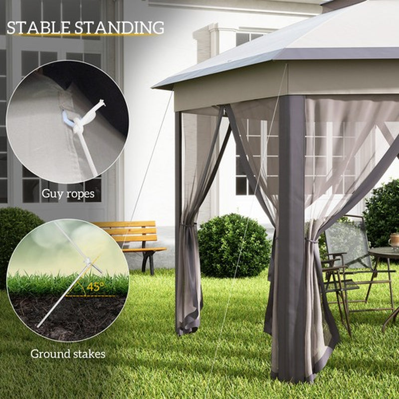 Hexagon Patio Gazebo Garden Shelter Heavy-Duty Double Roof W/ Mesh, 3 X 4M